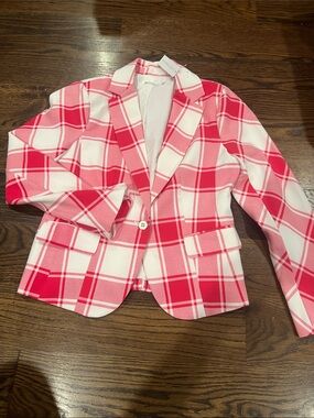 Red Plaid Notch-Lapel Single-Button Blazer